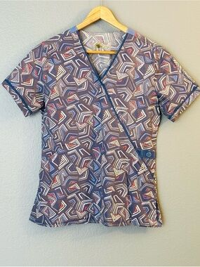 Wink Geo-Print Button Down Scrub Top - Navy with Red & White Accents